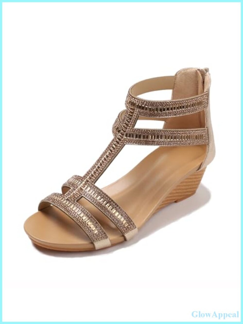 Wedge Sandals with Rhinestone Ankle Strap Open Toe Faux Leather Summer Heel